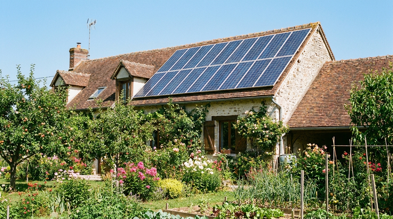 Toit de maison individuelle française avec panneaux solaires photovoltaïques, ciel dégagé, jardin