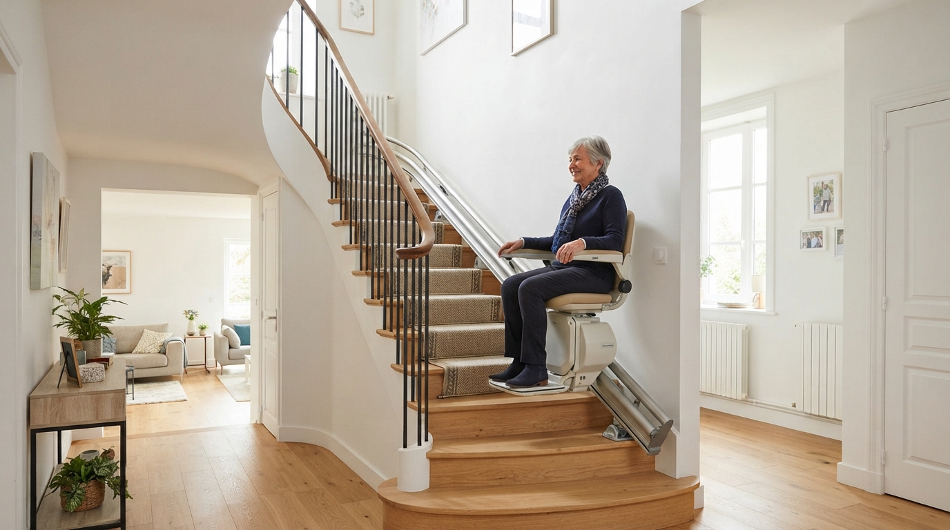 Monte-escalier moderne sur un escalier tournant, maison lumineuse